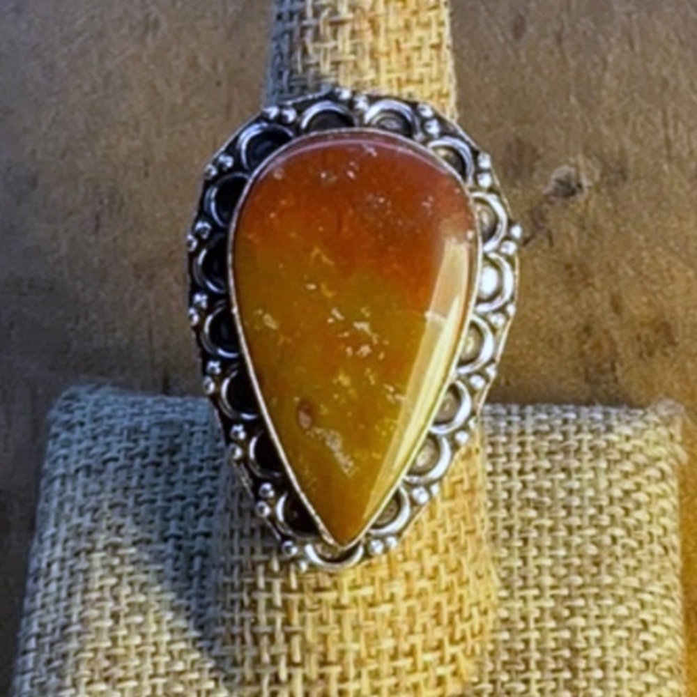 New Bloodstone Jasper Stone Teardrop Silver Overlay Ring 8